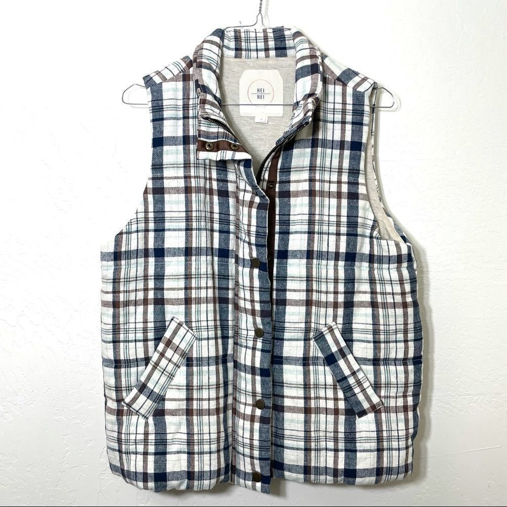 Hei Hei Brown Blue and White Plaid Linen Puffer Vest Anthropologie size Medium